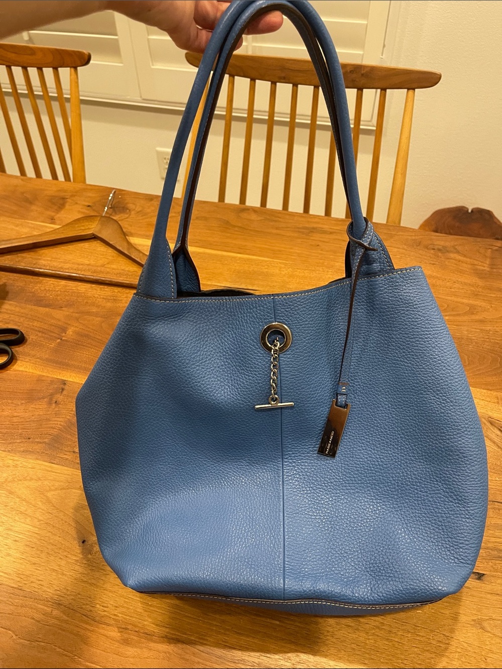 Rabeanco Pebble-Texture Blue genuine Leather Tote with Toggle Chain Detail purse